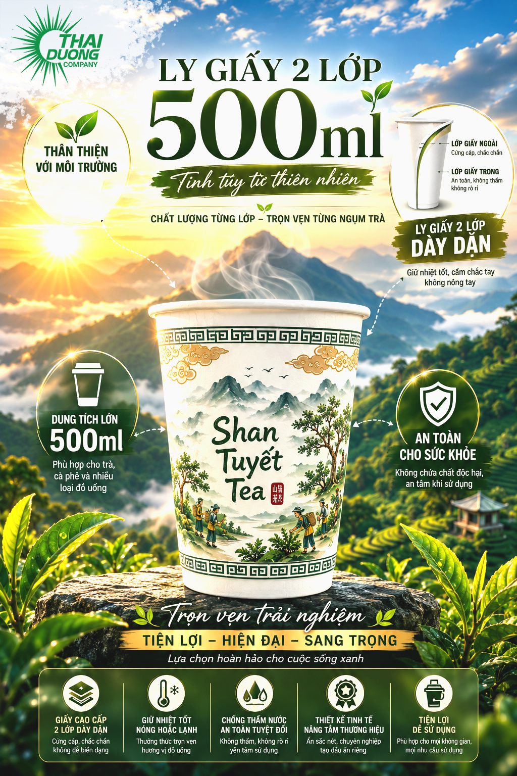 Ly giấy 2 lớp 500ml đang trở thành lựa chọn hàng đầu của các quán cà phê, trà sữa, trà trái cây và của hàng thực phẩm hiện đại. Với cấu trúc Double Wall độc đáo, dòng ly này vừa cách nhiệt hiệu quả, vừa đảm bảo an toàn khi cầm, vừa tạo diện mạo chuyên nghiệp cho thương hiệu. Hãy cùng Thái Dương khám phá tất cả lý do tại sao dòng ly này xứng đáng được đầu tư – và việc in ly giấy theo yêu cầu lên chính chiếc ly này sẽ giúp thương hiệu của bạn toả sáng như thế nào.