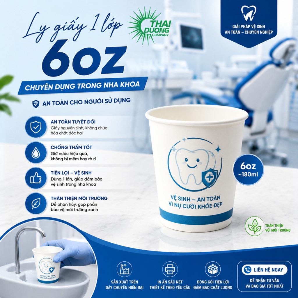Ly giấy 6oz – 180ml là kích thước tiêu chuẩn được sử dụng phổ biến nhất tại các phòng nha khoa, bệnh viện và phòng y tế trên toàn quốc.