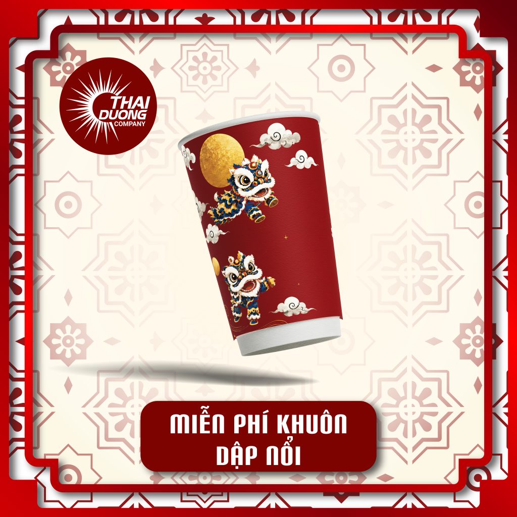Ly giấy 2 lớp dập nổi giúp họa tiết Trung Thu (đèn lồng, trăng rằm, hoa văn cổ) nổi khối rõ nét thay vì chỉ in phẳng, tạo trải nghiệm cầm nắm khác biệt so với ly in thông thường.